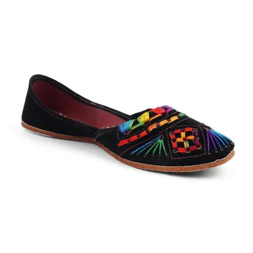 Shanaya Women's Traditional Ethnic Black Velvet Thread Work Multicolor Jutti and Punjabi Mojari | Casual Bellies for Women and girls