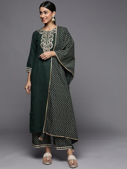Indo Era Green Embroidered Strraight Kurta Palazzo With Dupatta Set