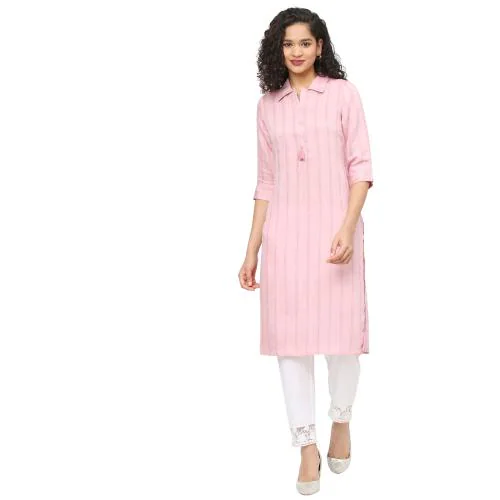Fusion Beats Pink Collar Neck Kurta for Women