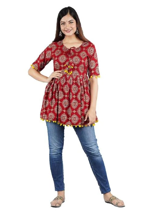 JAYRA TEXTILE Women's Rayon Casual Wear Floral Printed Short Indian Round Neck Ethnic Kurti/Tunic/Top for Girls (Maroon _ Medium)