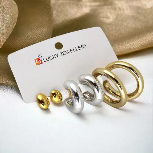 LUCKY JEWELLERY Fashion 3 Pairs Combo Set Of Latest Earrings Stylish Oval Stud Tops Earing Gold and Silver Plated C Shaped Semi Hoops Dangle Earring for Women & Girls (190-CHEX-1017-3)