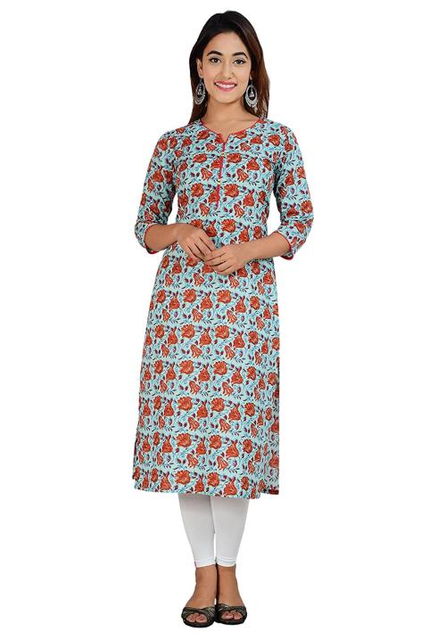 Cotland Fashions Women Blue Printed Straight Cotton Kurti