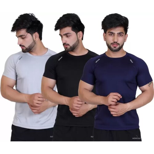 INDIAN KRAIT Pack of 3 Men Solid Round Neck Polyester Multicolor T-Shirt -Size-S