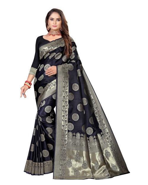 Tigdi Vasstra Women's Fancy Navy Blue Designer Woven Satin/Katan Saree with unstitched Blouse #3451