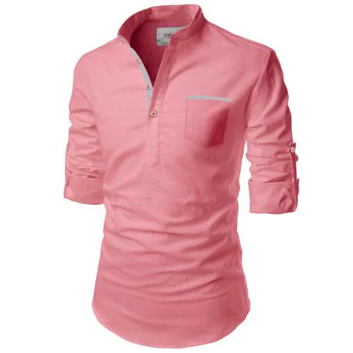 Vida Loca Cotton Peach Color Full Sleeve Casual Mandarin/Chinese Collor Slim Fit Short Kurta For Men and Boys