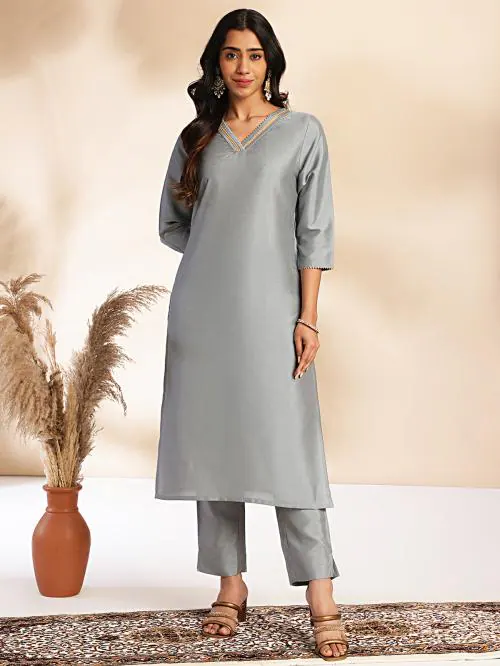 Janasya Women's Grey Crepe Silk Lace Up Regular Kurta Set