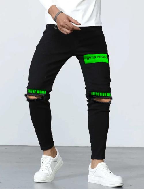 Star4well Men Printed Knee Cut Black Jeans