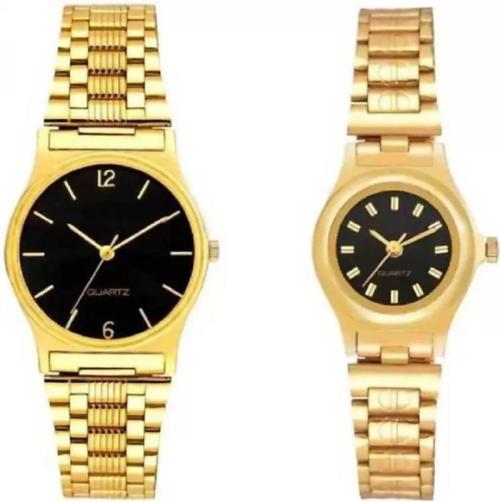 Noman Analog Black Dial Gold Strap Watch For Men And Women (Pack Of 2)
