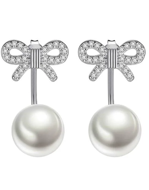 Karatcart Metal Platinum Plated Austrian Crystal White Pearl Bow Shaped Drop Earrings For Women
