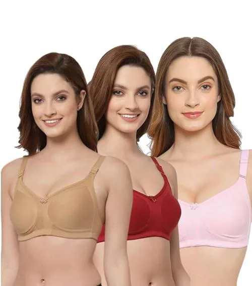 MANCHI FASHION Women's Wirefree Non Padded Super Combed Cotton-Lycra Full Coverage Everyday Bra with Extra Wide Band | MULTICOLOR - MAROON, BROWN & PINK | SIZE - 40