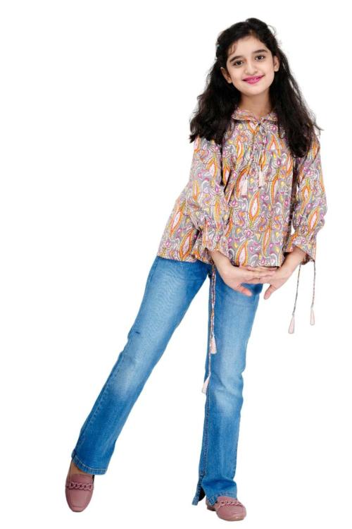 DMP FASHION Girl's Cotton Floral Printed Classic Small Boota Collarad Fashion Sleeve Top