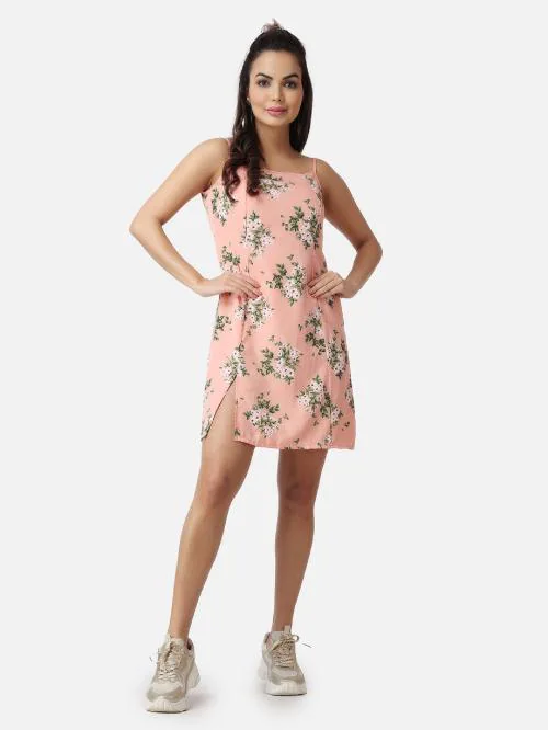 Pepfit Women Peach Floral Printed Fit & Flare Knee Length Front Slit Dress