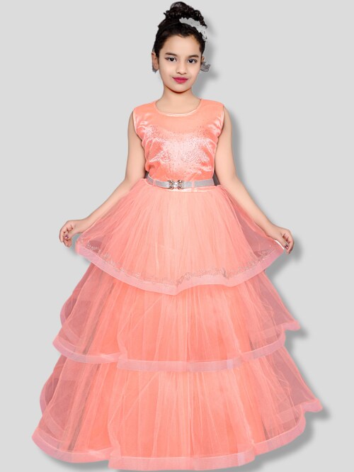 Vivek Girl's Full Length Partywear Peach Dress