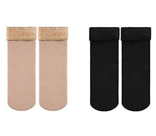 Navkar Crafts Solid Winter Thick Warm Fleece Lined Thermal Stretchy Elastic Velvet Socks Black Beige for Girls/Ladies/Women)(Pack of 2 Pairs