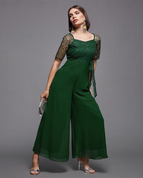 Miss Chase Women Dark Green Solid Polyester Single Jumpsuit