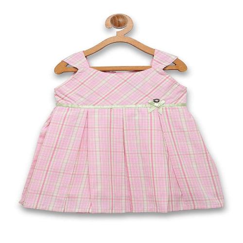 GOLDEN BOW Cotton Checked Shoulder Strap Midi/Knee Length Empire Waist Dress for Girls (Pink)