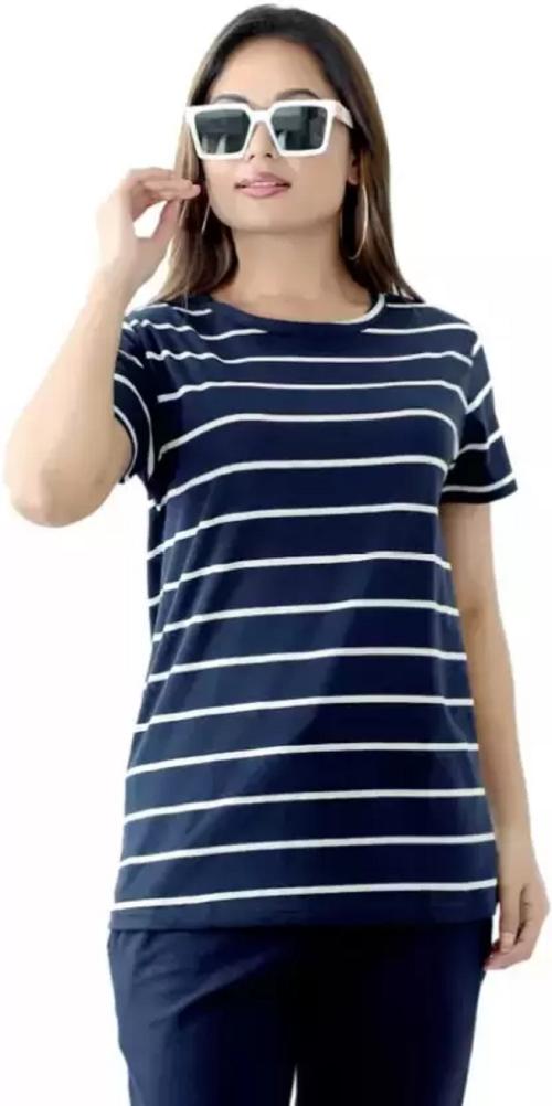 Buy WRODSS Women Striped Round Neck Navy Blue T-Shirt(XL) Online at ...