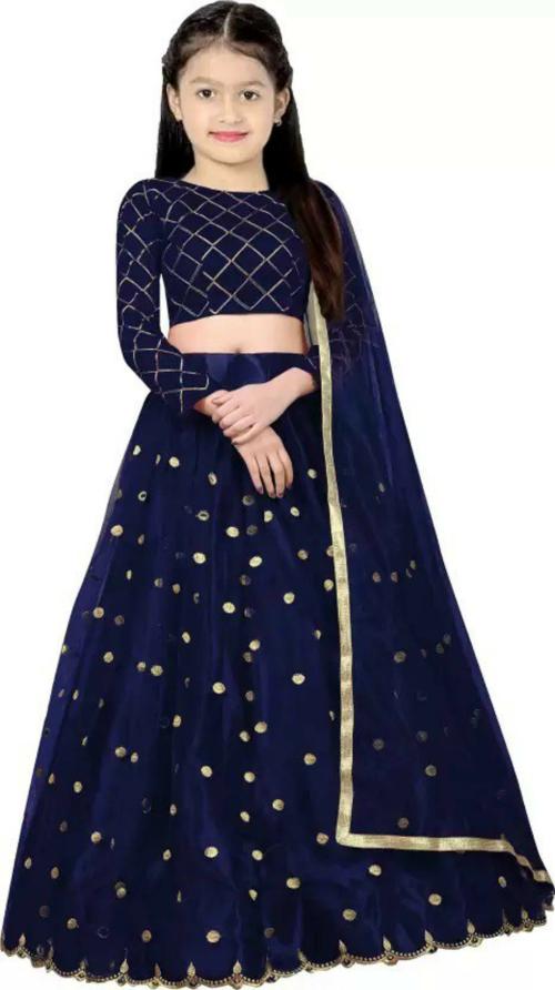 Vajiba Girls Dark Blue Embroidered Net Lehenga Choli (3-4 Years)