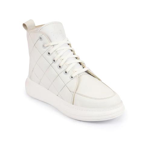 FAUSTO Women White High Ankle Top Wedge Heels Stitched Design Lace Up Sneakers Shoes