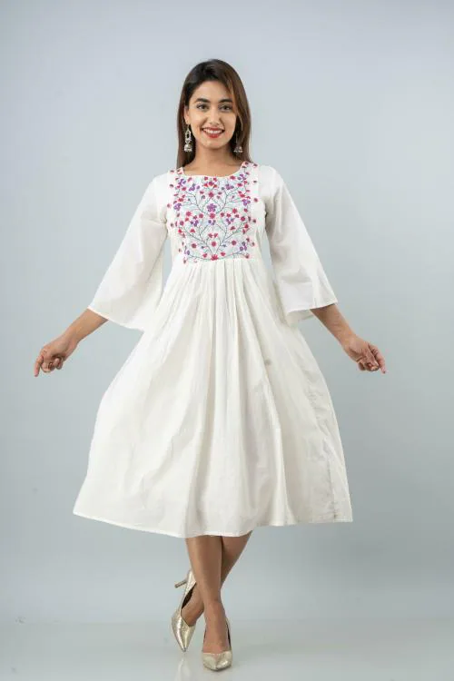 Fashion Dwar Women White Embroidered Pure Cotton Dress (M)