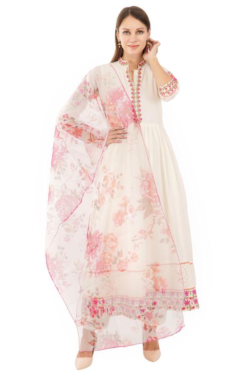 NAMYRA Women's COTTON EMBROIDERED A-LINE Kurta With Trousers & Dupatta(IVORY)