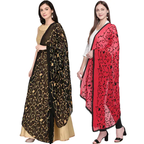 Kemza Women's Phulkari Embroidered Dupatta Combo (Black & Gold-Red & Black) Pack of 2 with Floral Aari Work