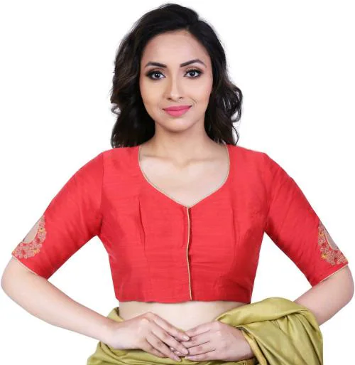 Rene Women Red Cotton Silk Embroidered Front Open Blouse