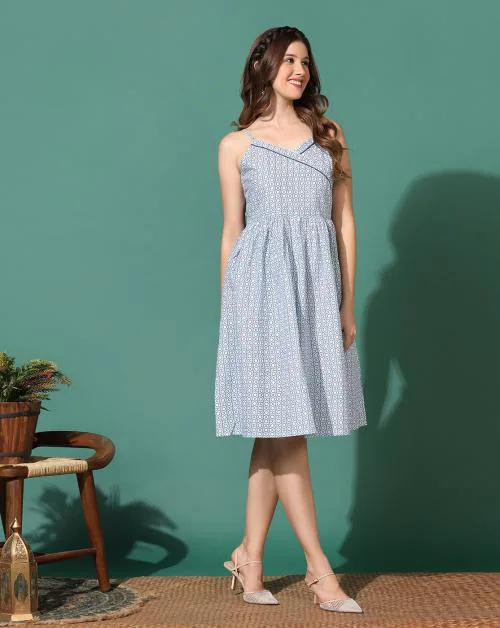 Fashion Dream Women White Geometric Printed Cotton Dress | Dresses| Women Dress| knee length Dresses| Dress for Women| Women Casual Dress | A-Line Dress| Women Cotton Dress |Printed Dress