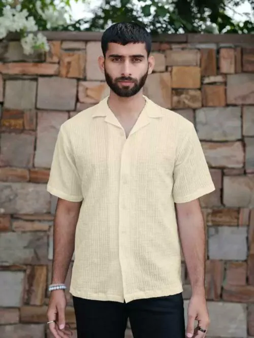 PRIMEFIELD Men Regular Fit Self Design Casual Shirt | Half Sleeve Printed Shirt | Mens Shirt | Shirts for Men | Cream Shirts
