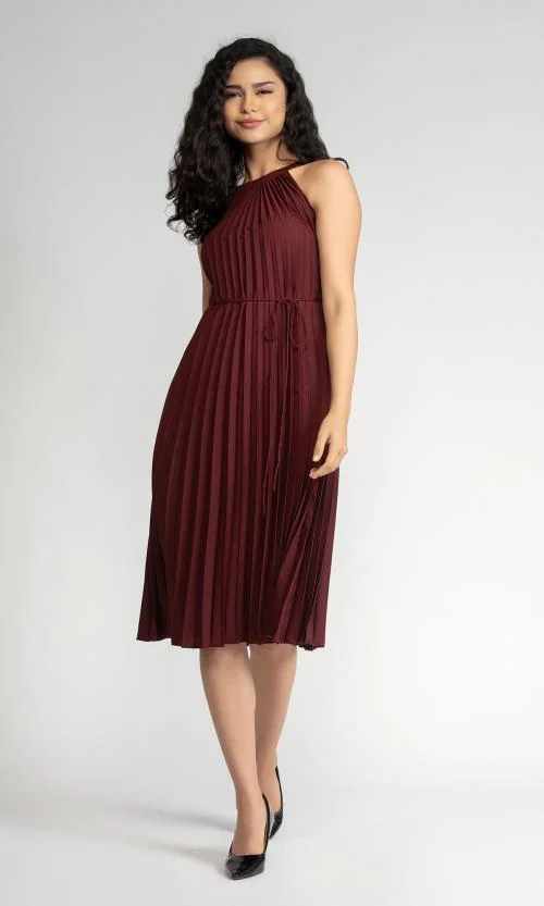 AASK Women's Elegant Belted Pleated Sleeveess Short Dress Maroon Color| Dress for women| Party Dress| Dresses| Stylish Dress| | New Collection