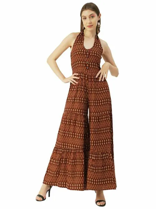 Moomaya Printed Jumpsuit For Women Viscose Rayon Halter Neck Summer Jumpsuit