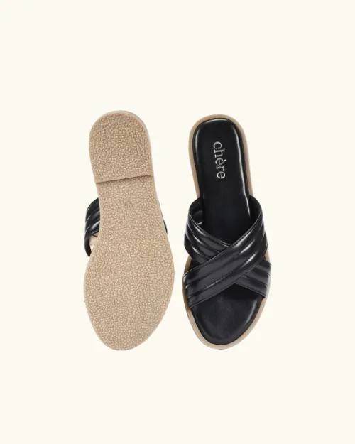 Chere Black Trendy Criss Cross Strap Flats - 37 / Black