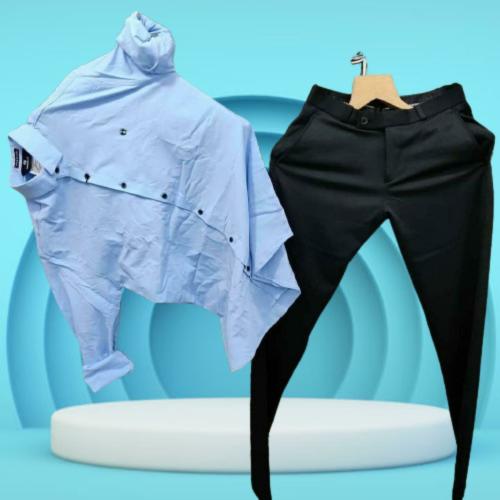 KALANABH Sky shirt & Black pant pair- Men's plain sky Casual Shirt with Long Sleeves & Laser Cut Collar- Regular Black formal Cotton Pant -Casual Wear Shirts & Pant for Men for Every Occasion (SIZE-XL))