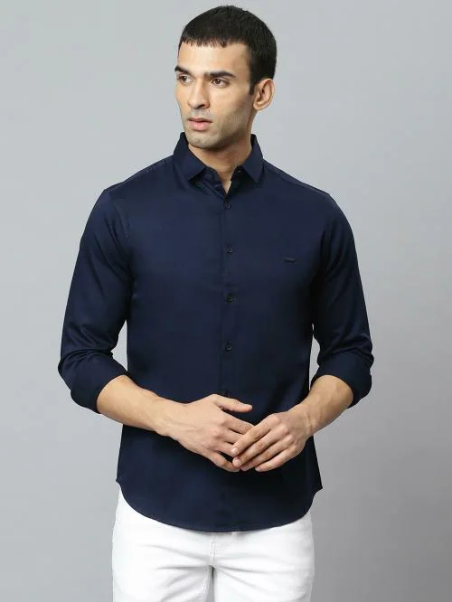 Dennis Lingo Men's Slim Fit Pure Cotton Solid Full Sleeves Casual Shirt (Navy)