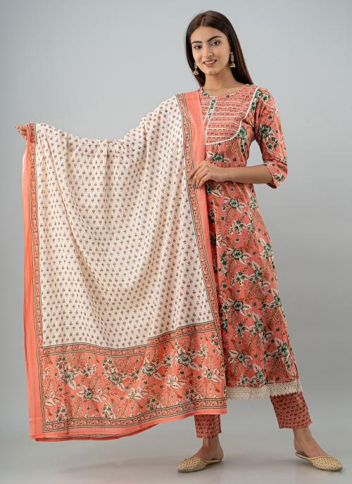 OMASK Women Coffee Brown Floral 100% Cotton Single Anarkali Kurta Set