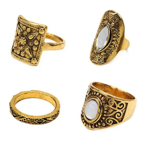 Young & Forever Fancy Bohemian Antique Gold Clear Crystal Natural Stone midi Knuckle Stack Rings For Women Casual Ring For Girls Fashion Jewelry(Pack of 4)