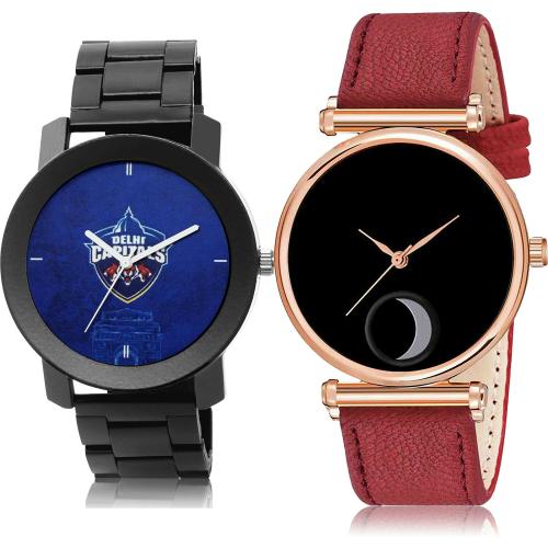 NEUTRON New Chronograph Delhi Capitals Squad (Dc) Ipl Chain And Casual Royal Black And Red Colour Analog Metal And Genuine Leather Belt 2 Watch Combo For Boys And Men - IPL12-BCPL30