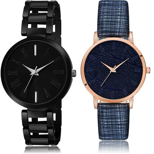 NEUTRON Latest Branded Simple Chain And Embossed Designer Dial Black And Blue Colour Analog Metal And Genuine Leather Belt 2 Watch Combo For Women And Girls - G610-GM326