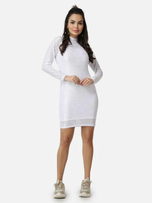 Popwings Women Casual Partywear White Net Bodycon Dress | Dress For Women | Latest Design Dress For Women | Women Stylish Dress