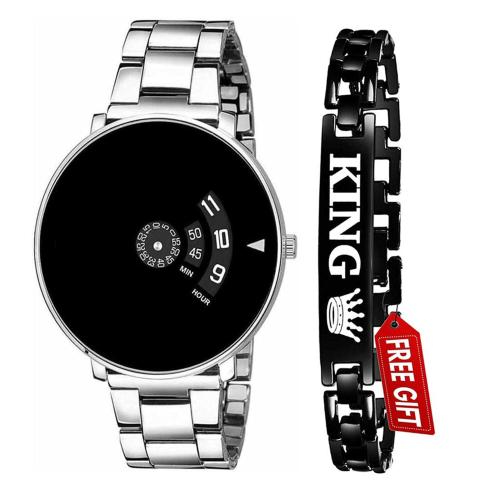 Goldenize Fashion Analog Black Dial Silver Strap Watch and Bracelet Combo for Boys And Men, BLK Paidu_King (Pack of 2)