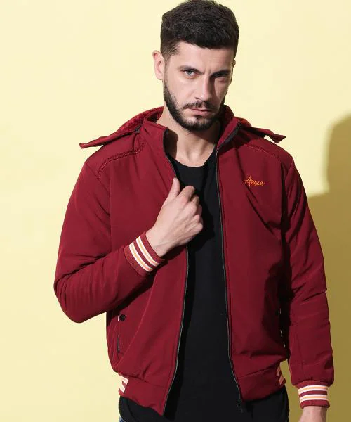 Anixa Men Maroon Wool Blend Solid Hooded Jacket
