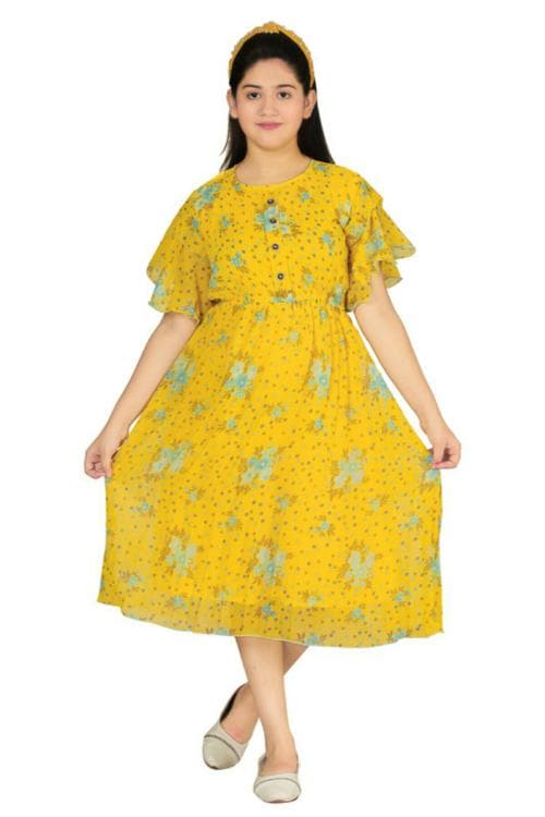 ANG FASHION Girl's Chiffon Traditional Solid Printed Midi Long Dress