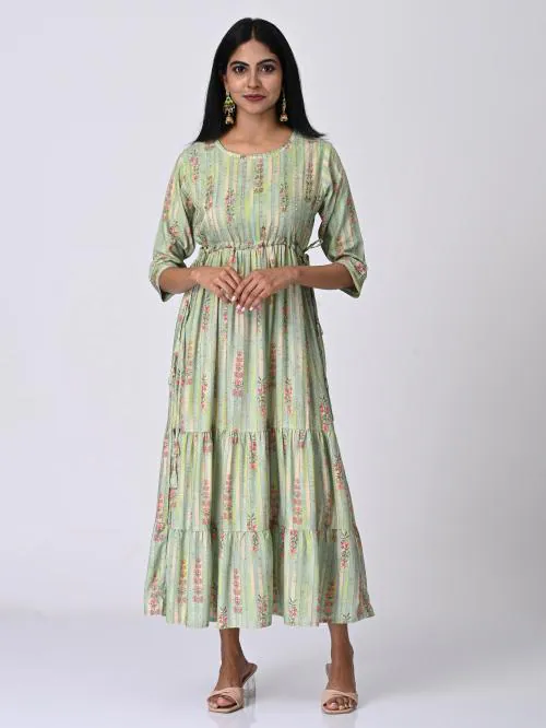 Anora Rayon Green Botonical Print with Embellished Sequins design Fit and Flare Kurti for Women (Green, M)