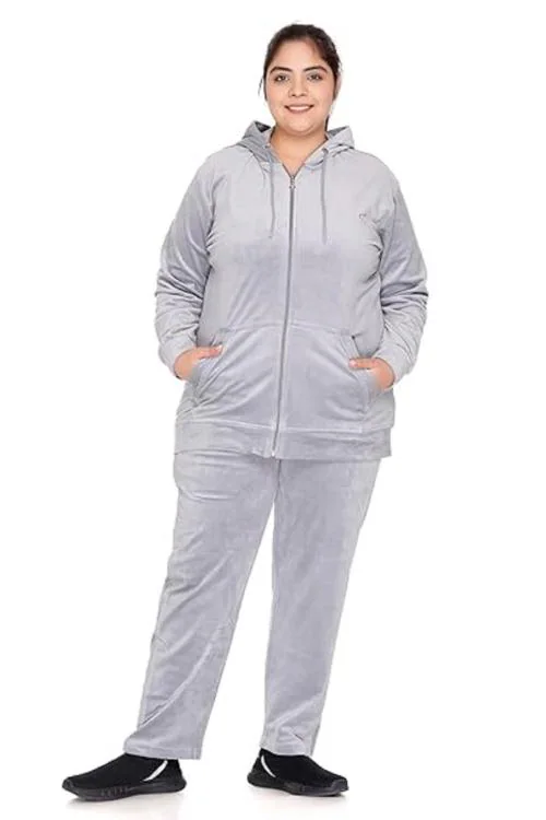 HETESHE Women's Solid Long Sleeves Velvet Grey Zipper Tracksuit for Winter