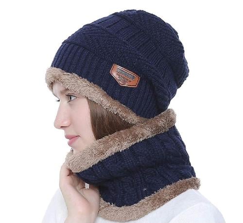 Navy Blue Color Men and Women Winter Woolen Thick Knitted Stretchable Soft Fleece Fur Lined Multipurpose Neck Muffler/neckwarmer Double Layer Scarf/scarves With Woolen Cap for Cold Weather