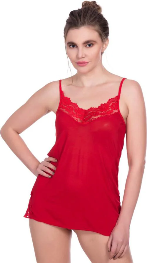 Indivas Red Self Design Polyester Viscose Blend Womens Babydolls
