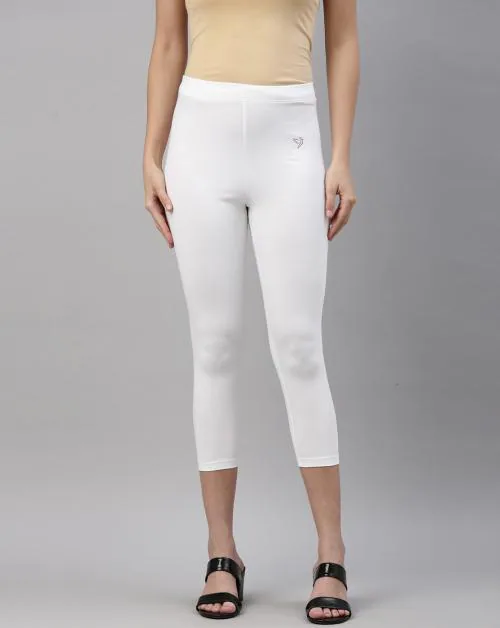 TWIN BIRDS Women White  Solid Cotton Capri Length Leggings