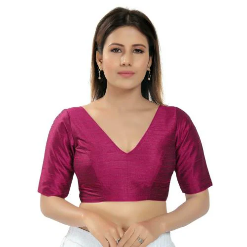 Salwar Studio Women's Magenta Silk Solid Readymade Saree Blouse