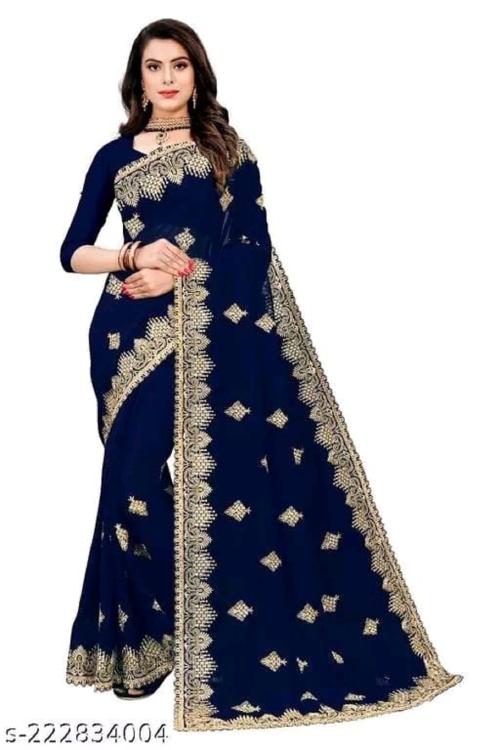 AMARDEVIDAS FAB nandni Embroidery Design Art Silk Sari with Art Silk Blouse For Women ( dark blue )