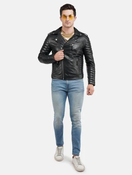 Bermuda Mens Solid Leather Quilted Biker Riding Jacket (XXL)